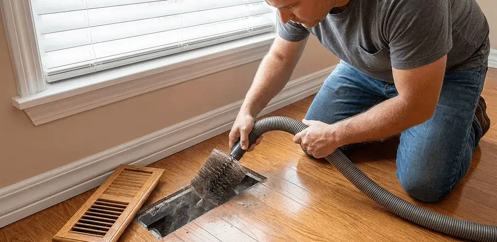 Air duct cleaning technician vacuuming a floor vent and duct opening in Aurora, IL