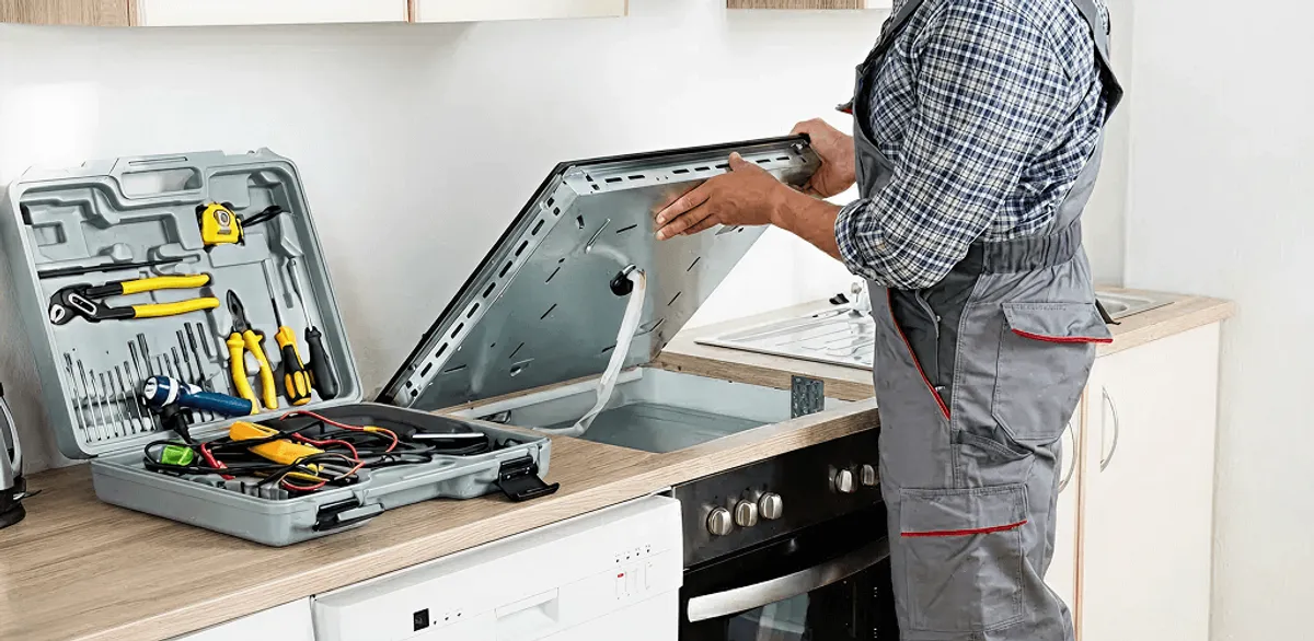 Handyman repairing a cooktop and checking wiring connections in Aurora, IL