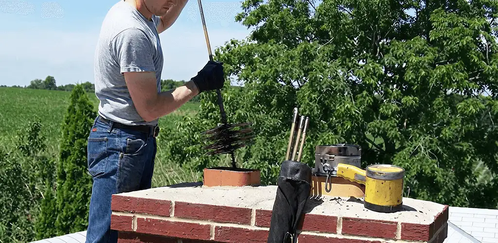 Chimney cleaning technician working on a rooftop chimney with professional tools in Aurora, IL