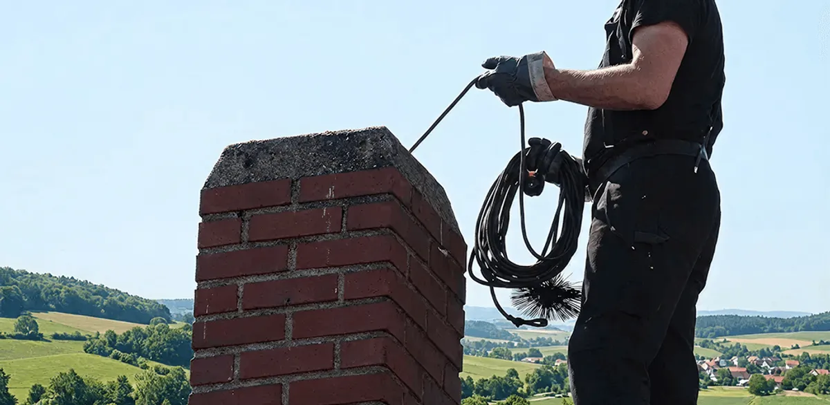 Chimney sweep inspecting and cleaning a rooftop chimney in Aurora, IL