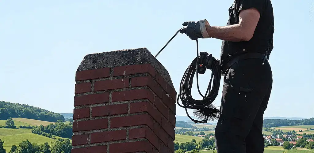 Chimney sweep inspecting and cleaning a rooftop chimney in Aurora, IL