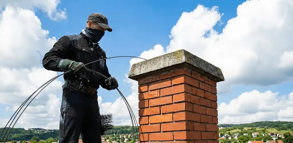 Chimney sweep cleaning a brick chimney with professional tools in Aurora, IL