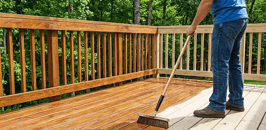 Deck staining and sealing application on a wood deck in Aurora, IL