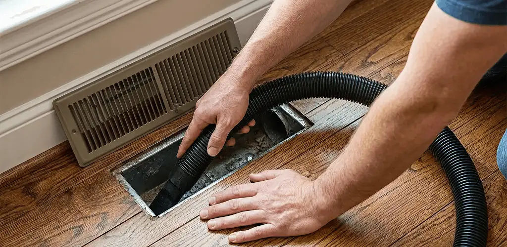 Air duct cleaning technician vacuuming a floor register and duct opening in Aurora, IL