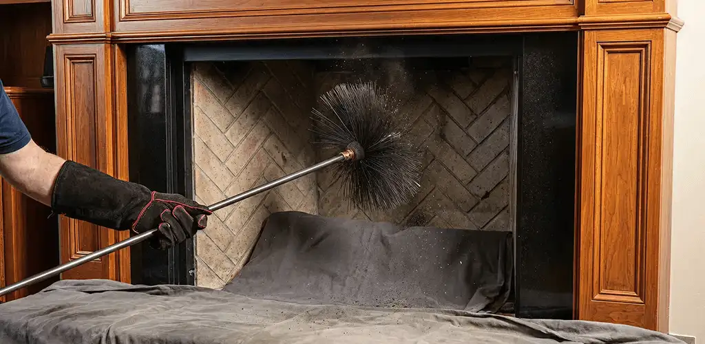Chimney cleaning service brushing soot from a fireplace and flue in Aurora, IL
