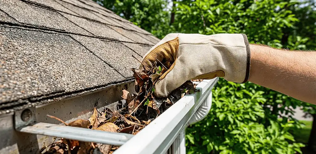 Gutter cleaning removing leaves and debris from roof gutters in Aurora, IL