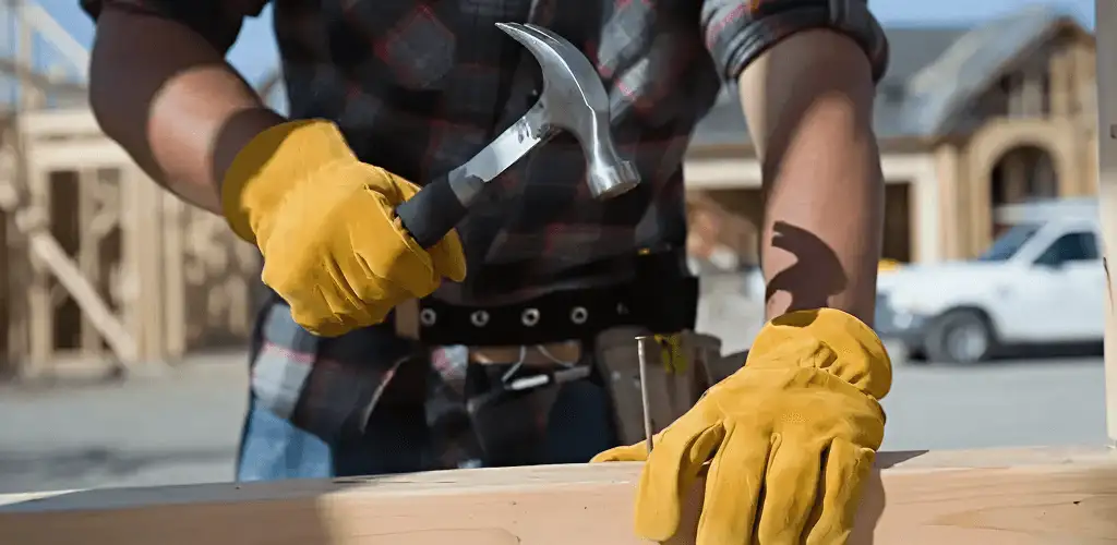 Handyman fixing wood trim with a hammer for home repairs in Aurora, IL
