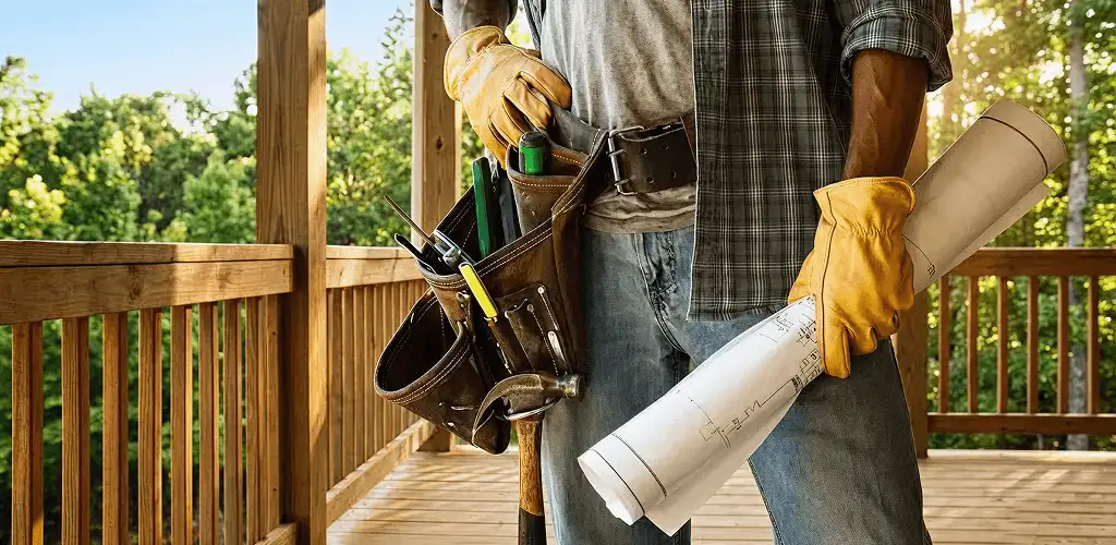 Professional handyman with tool belt ready for home repairs in Aurora, IL