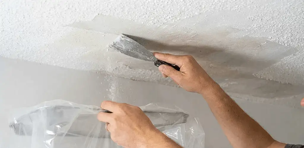 Popcorn ceiling removal technician scraping texture from a ceiling in Aurora, IL