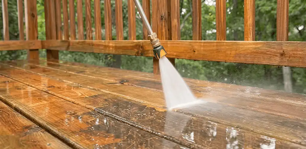 Pressure washing a wood deck to remove dirt and buildup in Aurora, IL
