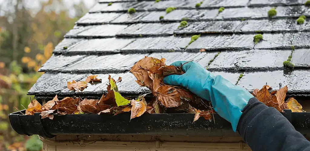 Gutter cleaning technician clearing wet leaves from roof gutters in Aurora, IL