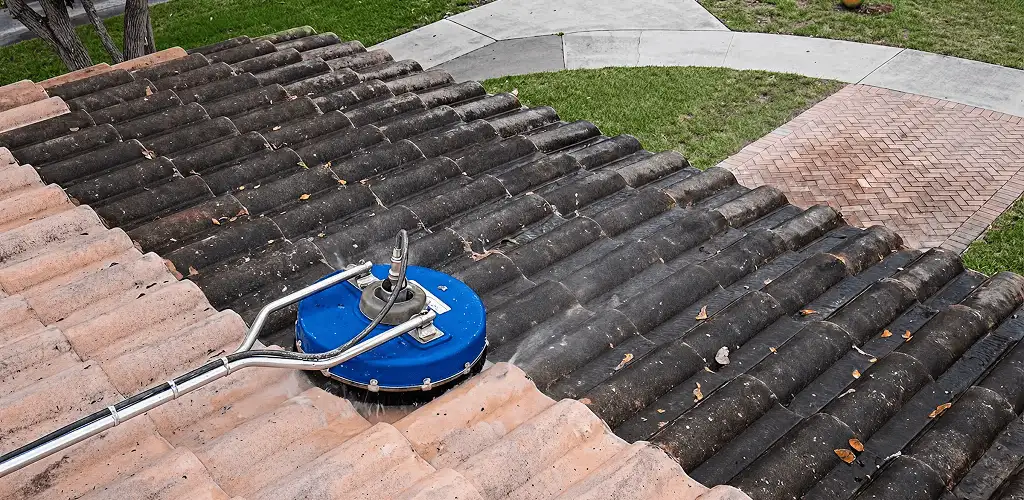 Roof pressure cleaning removing debris and buildup from roof tiles in Aurora, IL
