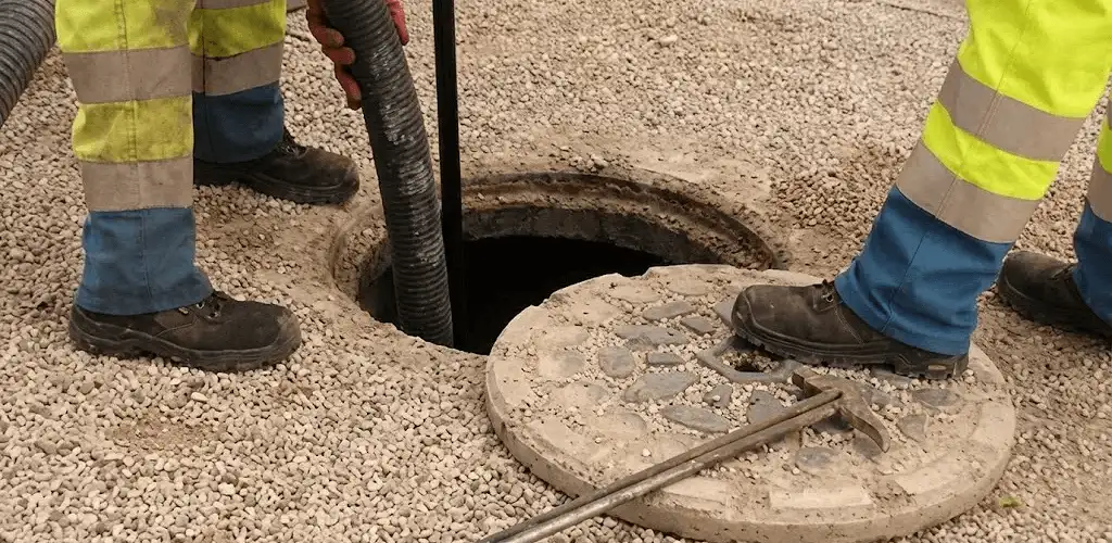 Drain cleaning crew clearing a sewer access point with professional equipment in Aurora, IL