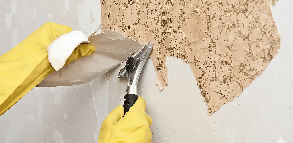 Wallpaper removal service stripping old wallpaper from a wall in Aurora, IL