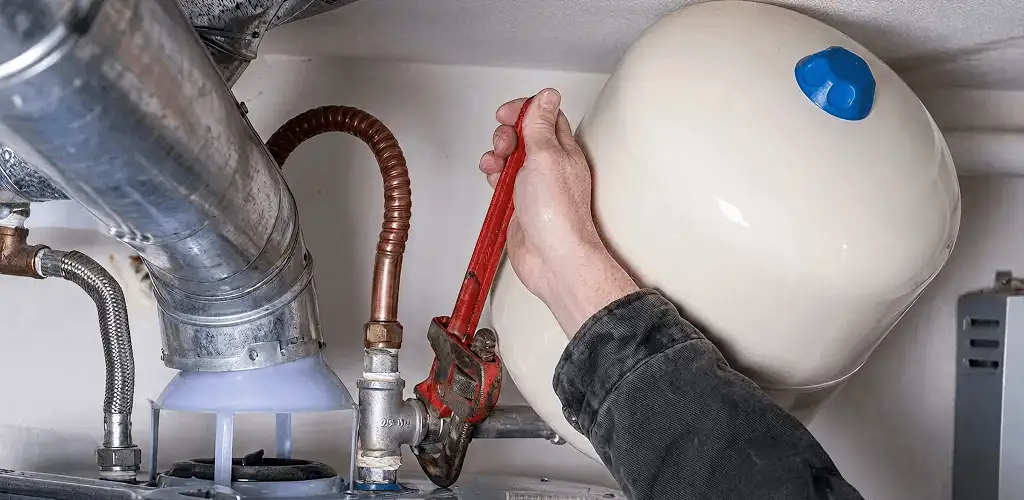 Water heater repair technician tightening plumbing connections near a tank unit in Aurora, IL